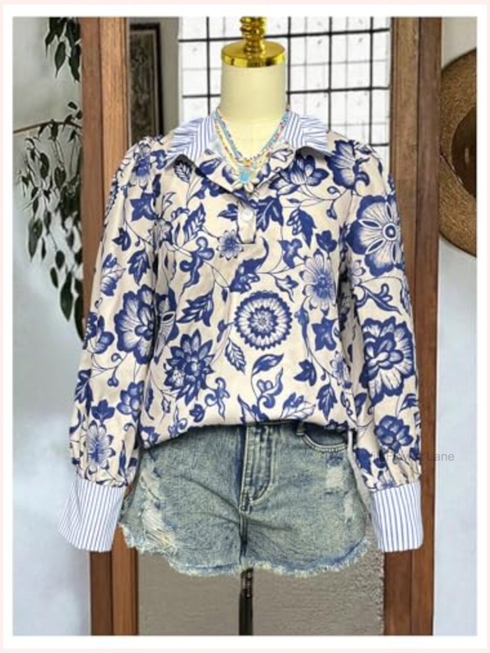 Boho Floral Striped Button Up Blouse Dressy Work Shirt Colorblock Long Sleeve - Picture 4 of 5